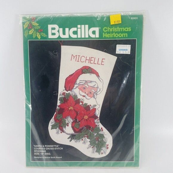 Bucilla Santa & Poinsettia Counted Cross Stitch Christmas Stocking Kit 82431 18" - Picture 2 of 7